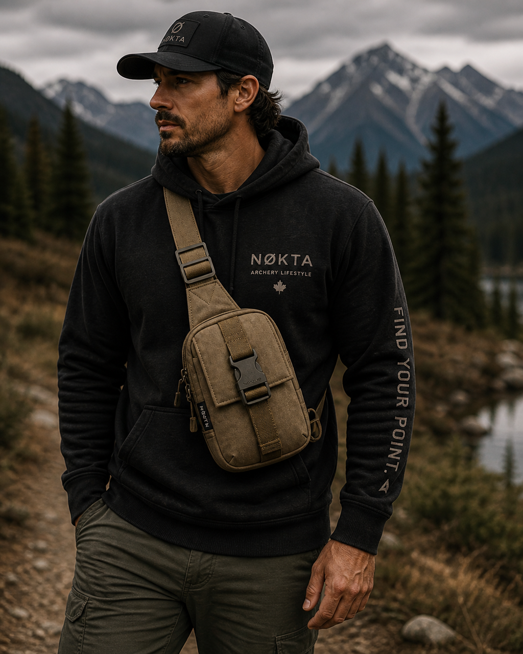 Man wearing a black hoodie with 'Nokta' logo and carrying a brown bag in a mountainous landscape.