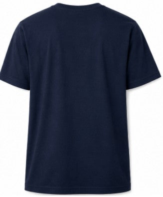 A navy blue short-sleeve V-neck T-shirt shown from the back, photographed against a plain white background.